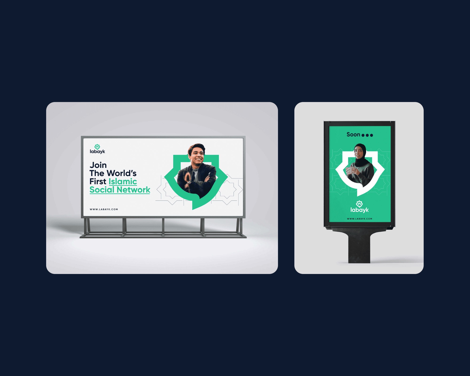 Labayk App — an outdoor billboard and street panel reading “Join The World’s First Islamic Social Network”