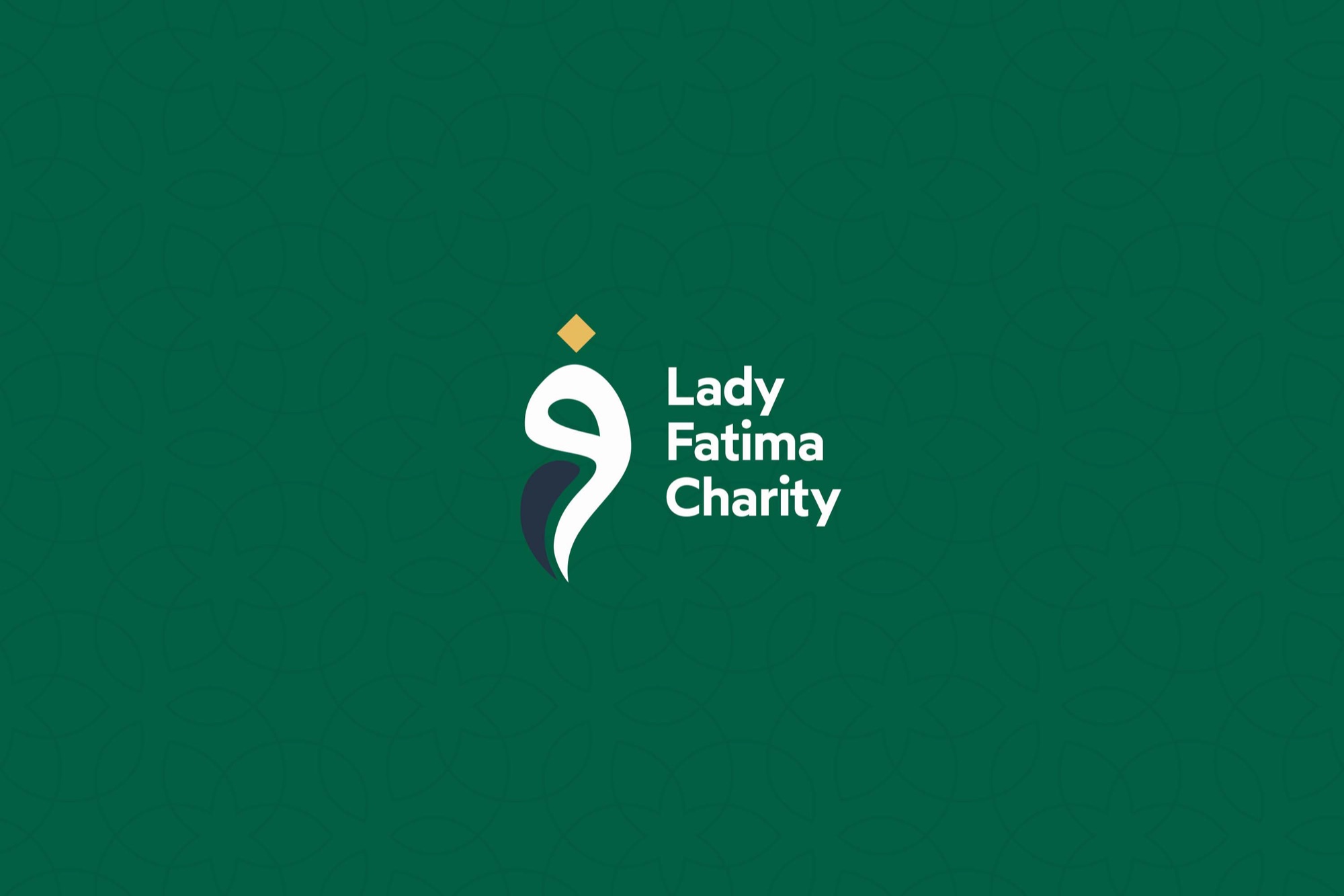 Lady Fatima Charity — the logo reversed on Saadat Green with the brand’s geometric pattern
