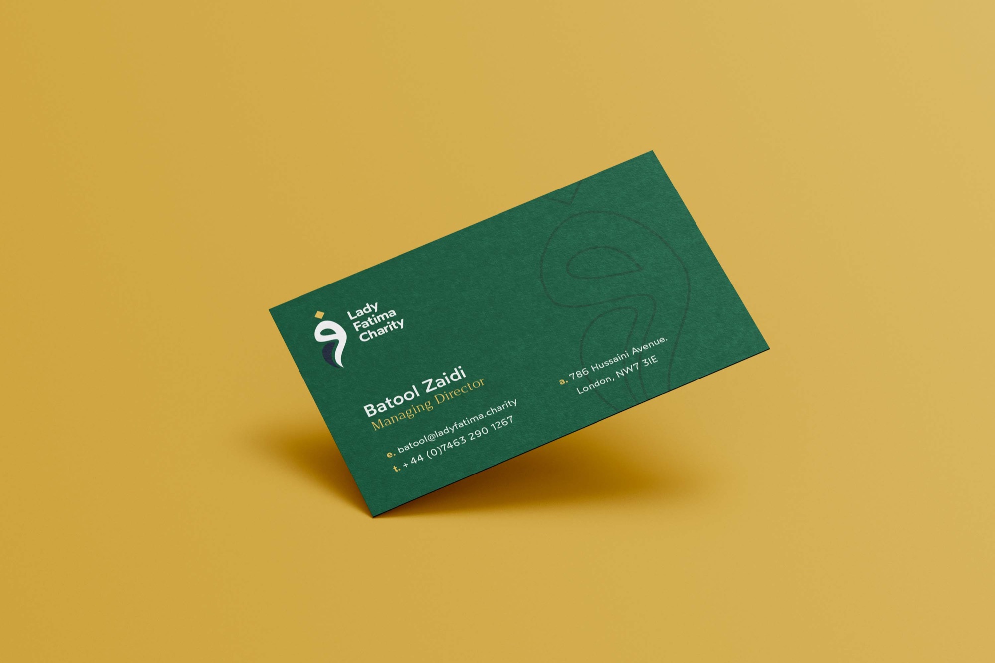 Lady Fatima Charity — a printed business card