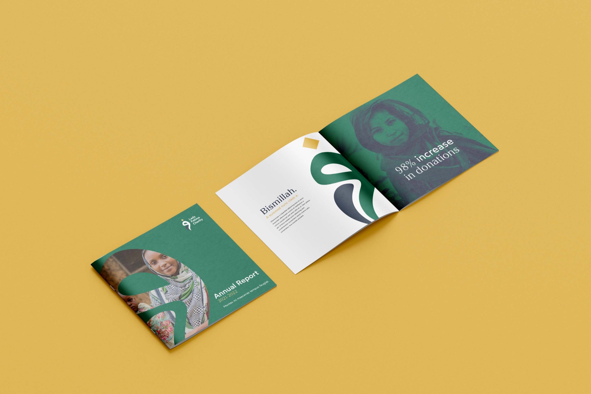 Lady Fatima Charity — the annual report, cover and inside spread