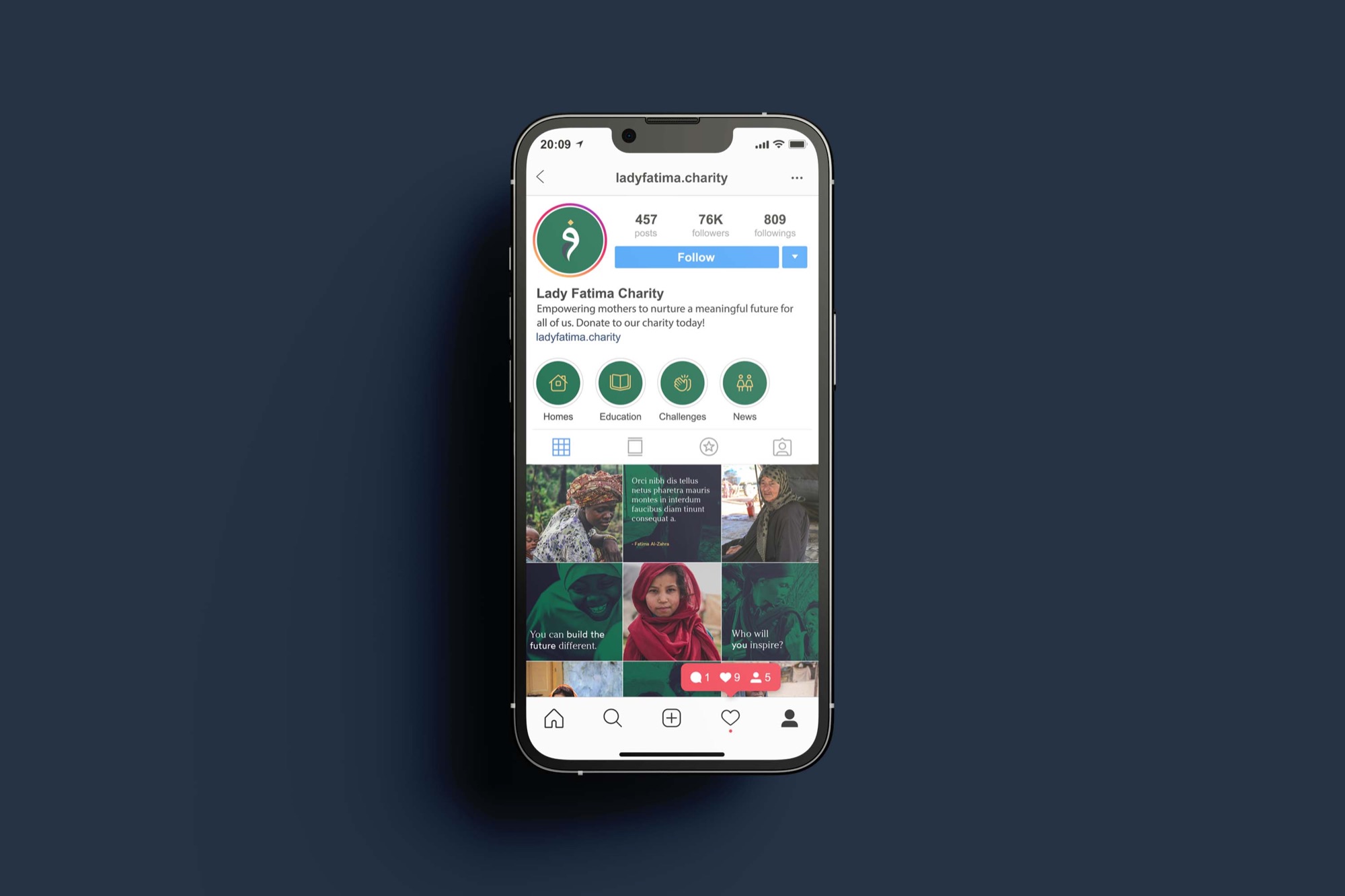 Lady Fatima Charity — the charity’s Instagram profile on a phone