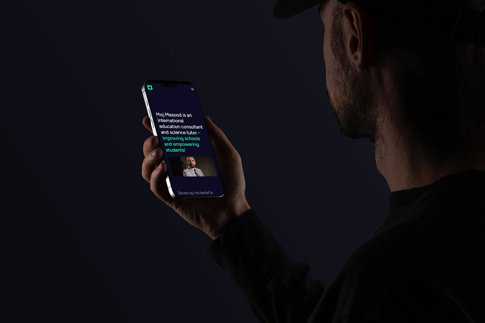 Moj Masood — the website on an iPhone