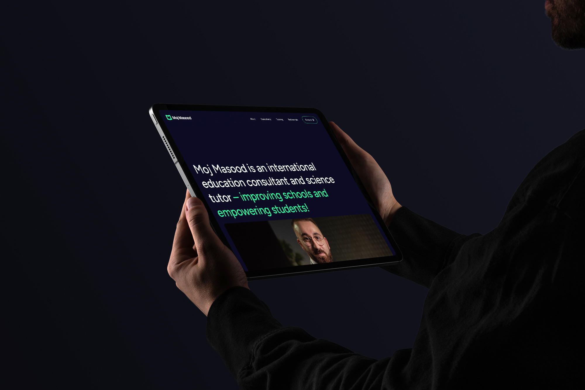 Moj Masood — the website on an iPad