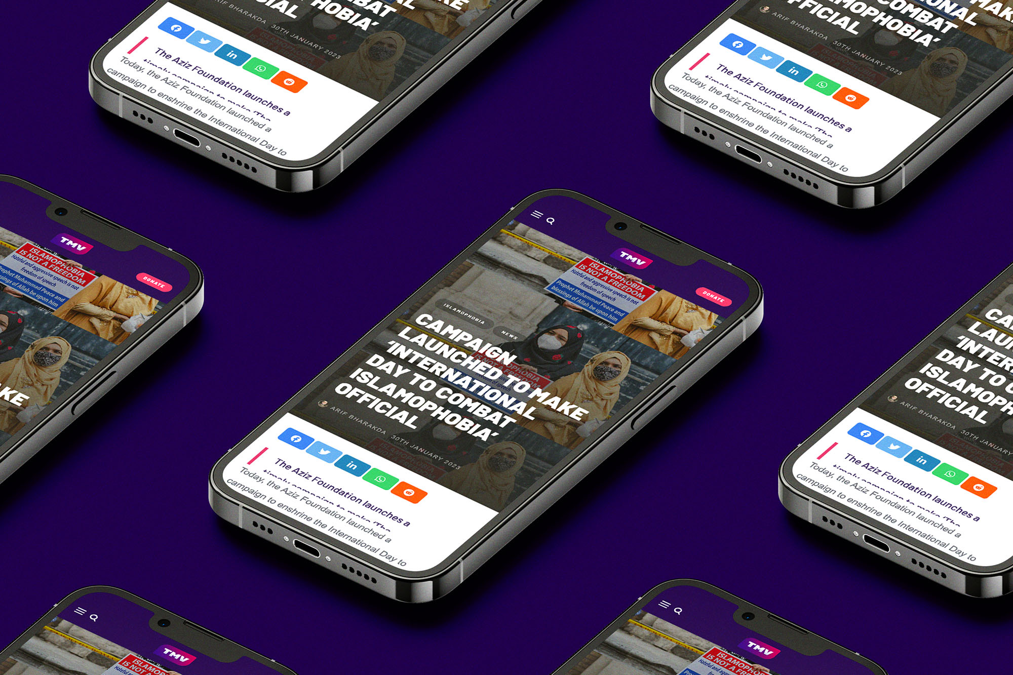 The Muslim Vibe — an article shown across a grid of phones