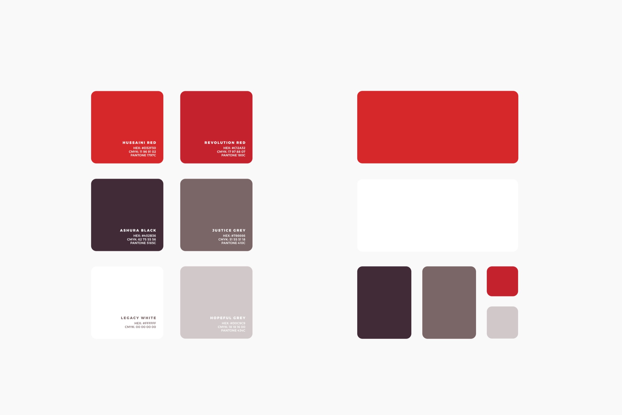Who is Hussain — the colour palette — Hussaini Red, Revolution Red, Ashura Black, Justice Grey, Legacy White and Hopeful Grey